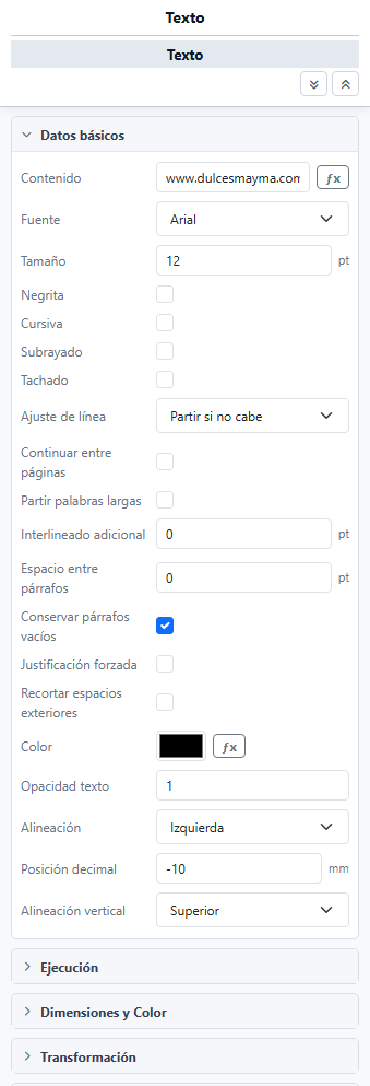 Panel actual de propiedades de Texto con los cuatro modos de Ajuste de línea y Partir palabras largas.