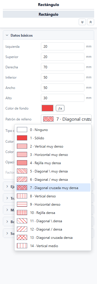 Selector visual de patrones de relleno con muestras coloreadas y propiedades de degradado.